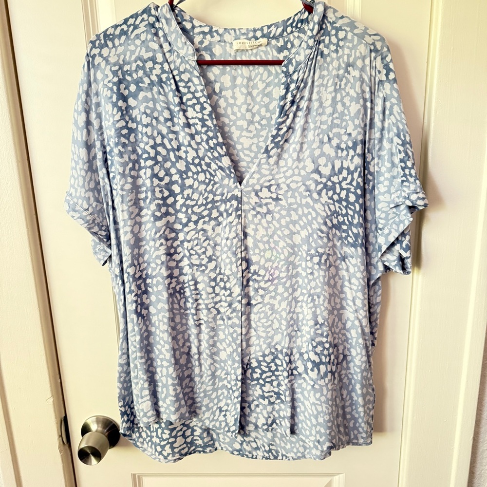 Lovestitch blue leopard print blouse, size L.